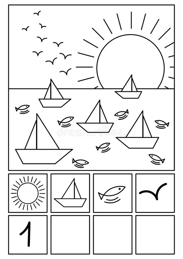 Coloring page beach math game stock illustration