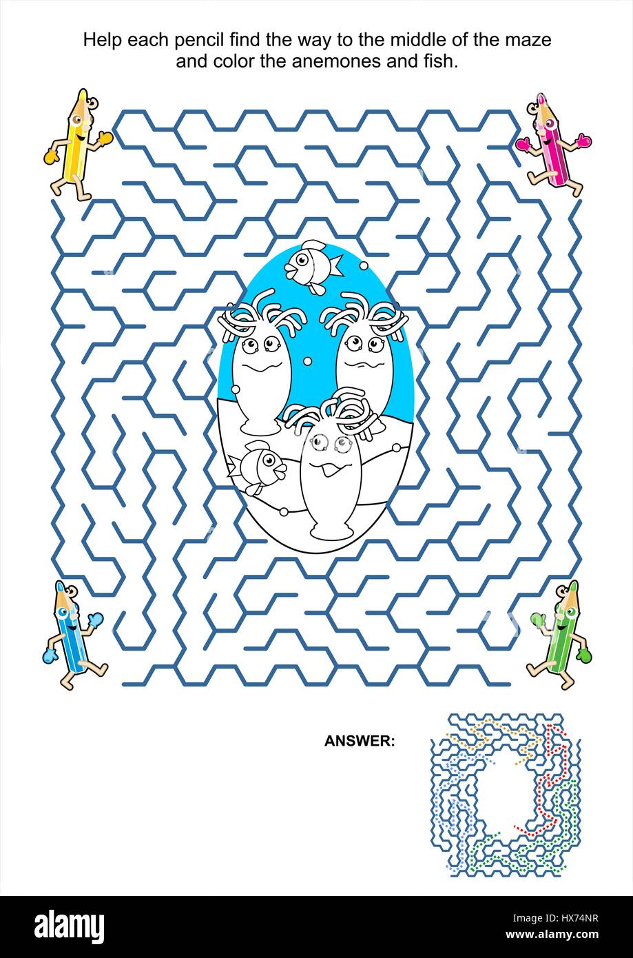 Maze game and coloring activity page for kids help each pencil find the way to the middle of the maze and color the anemones and fish stock vector image art