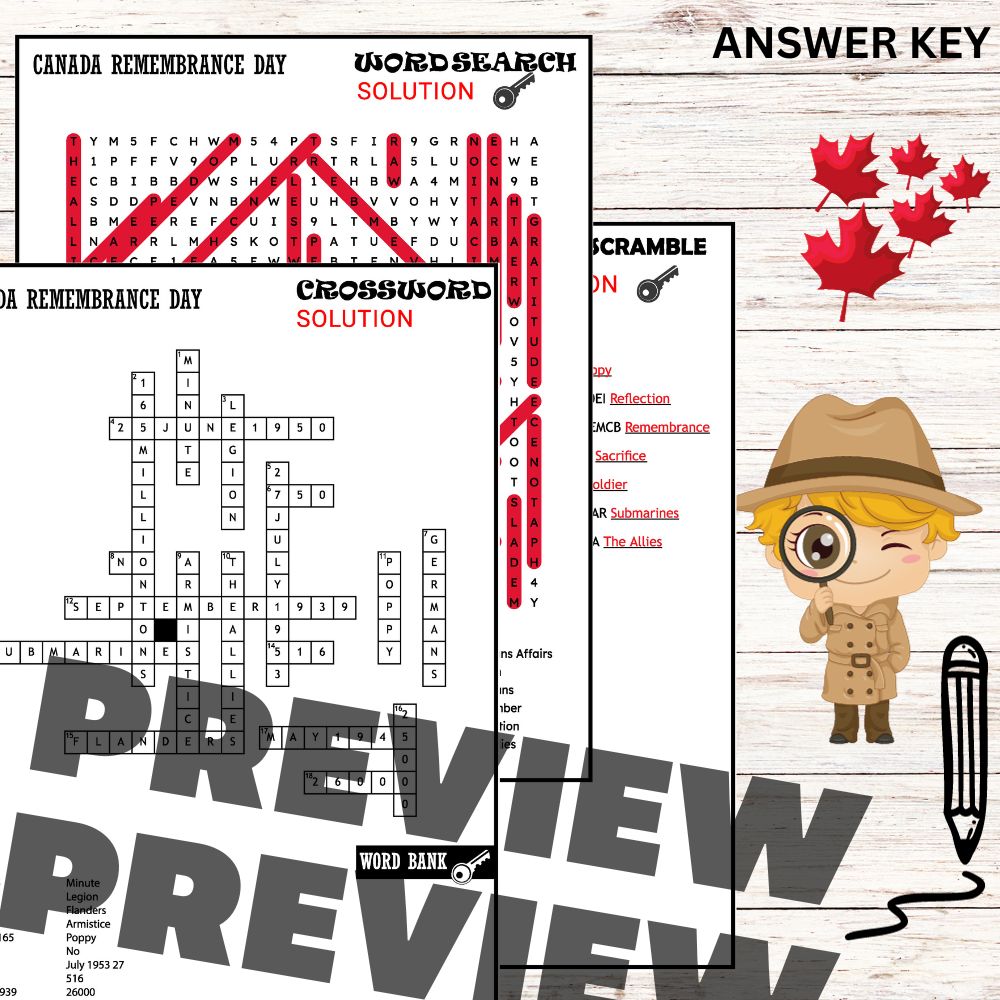 Jour du souvenir canada remembrance day coloring sheetword scramble crossword wordsearch made by teachers