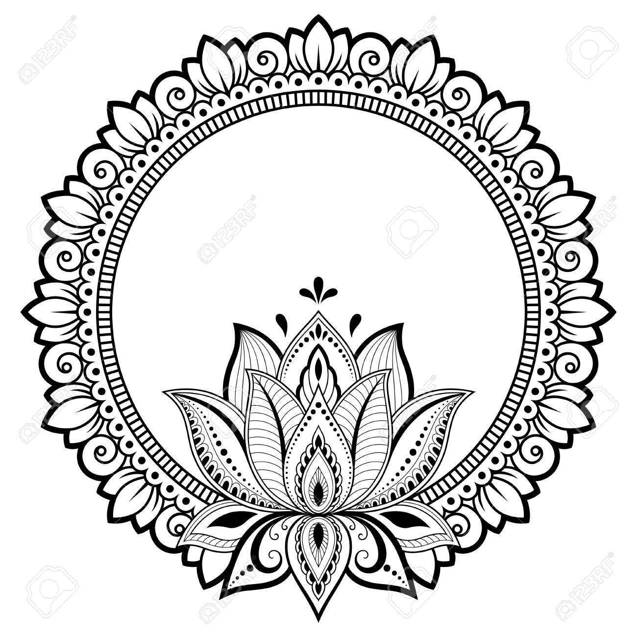 Circular pattern in form of mandala for henna mehndi tattoo decoration decorative frame with lotus flower ornament in ethnic oriental style coloring book page royalty free svg cliparts vectors and stock illustration