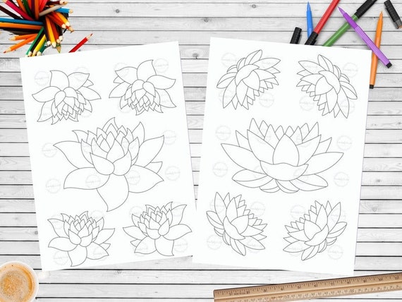 Set of two printable lotus flower coloring page for adults summer coloring pages calming flower coloring sheet spiritual self care ritual