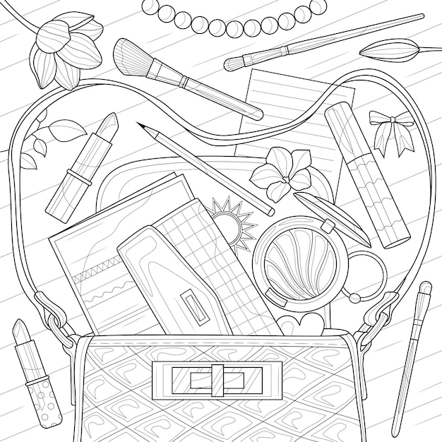 Premium vector cosmetics falling out of the bag coloring book antistress for children and adults illustration isolated on white backgroundzen
