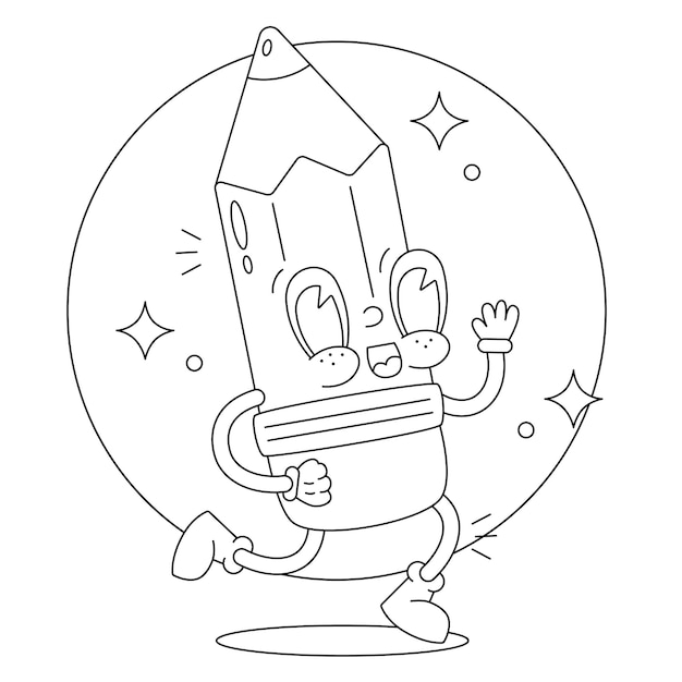 Premium vector vector coloring page trendy cartoon illustration school happy pencil with face