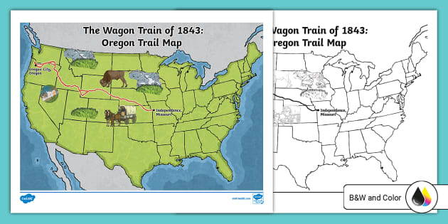 Wagon train of oregon trail map for kids usa