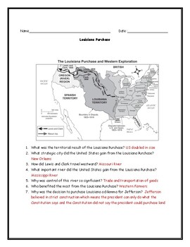 Louisiana purchase map worksheet with answer key by social studies sheets
