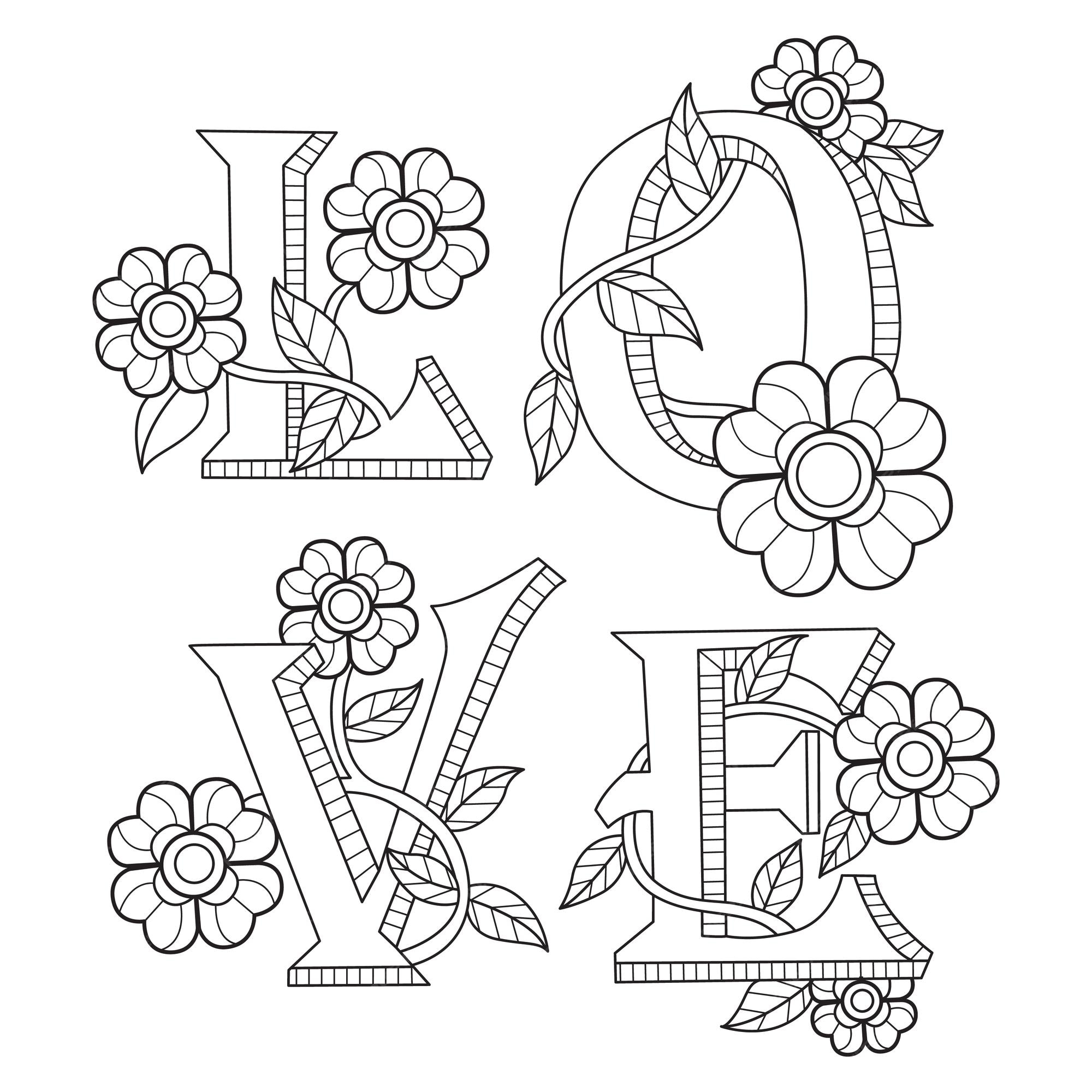 Premium vector love word in plants and flowers hand drawn for adult coloring book