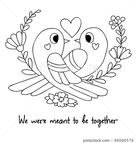 Cute pair of love birds with heart and flowers