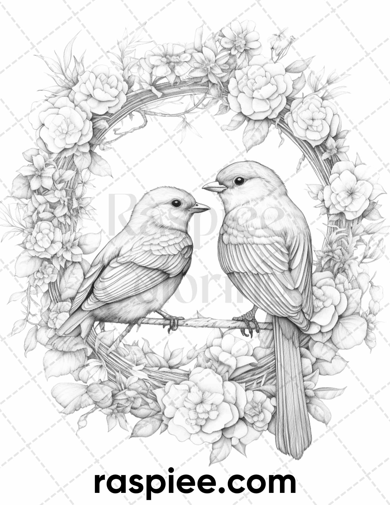 Lovebird couple with flowers grayscale coloring pages for adults p â coloring