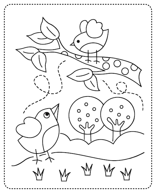 Premium vector love birds coloring page