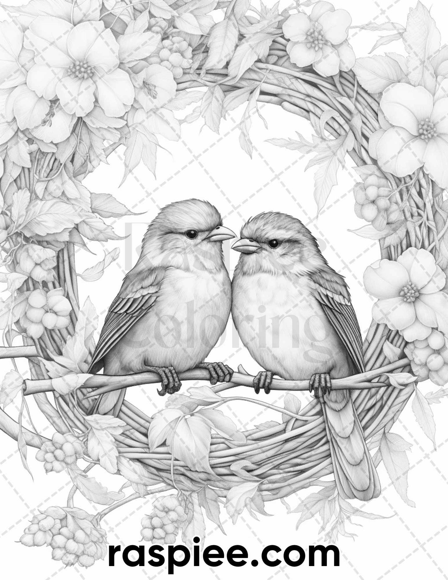 Lovebird couple with flowers grayscale coloring pages for adults p â coloring