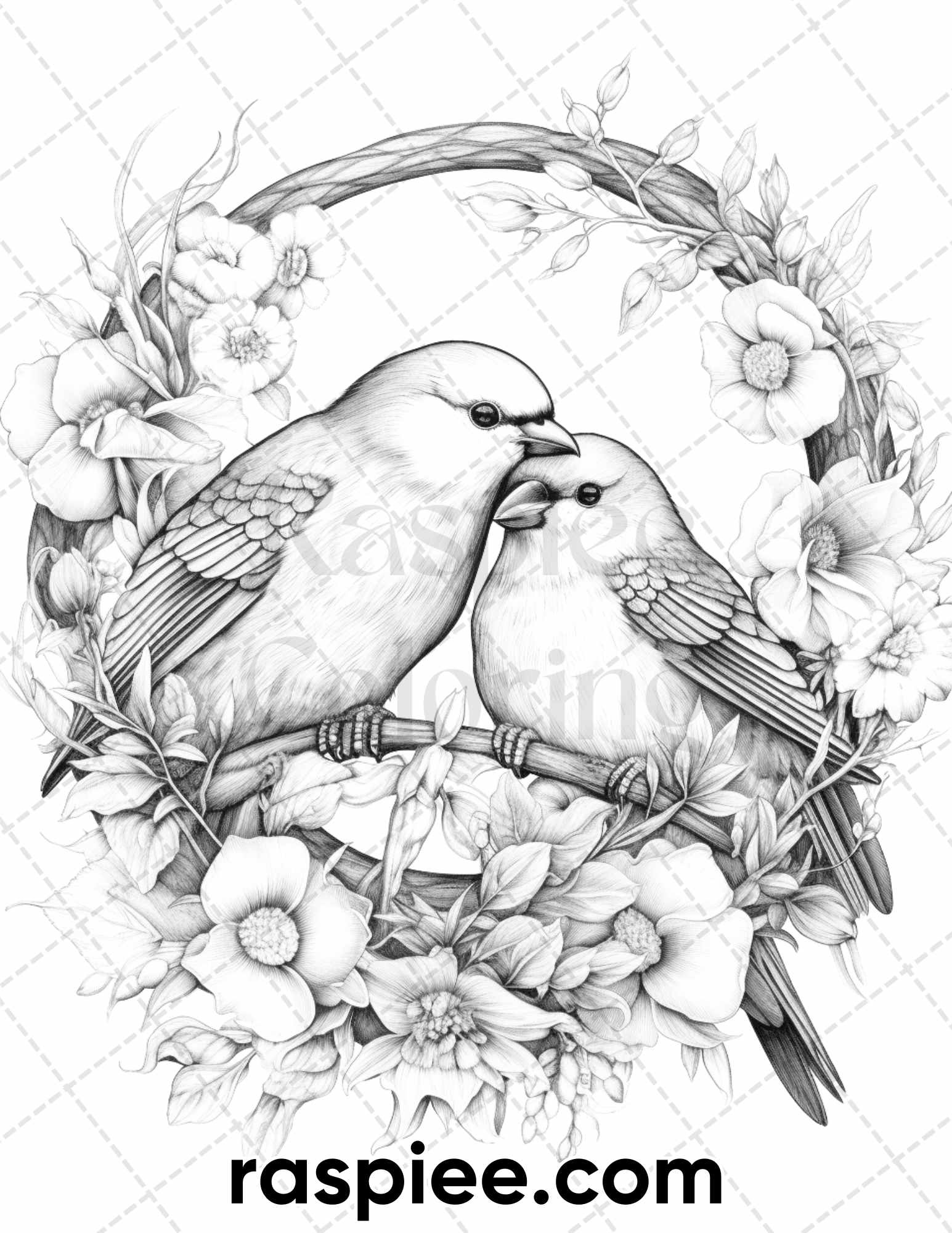 Lovebird couple with flowers grayscale coloring pages for adults p â coloring