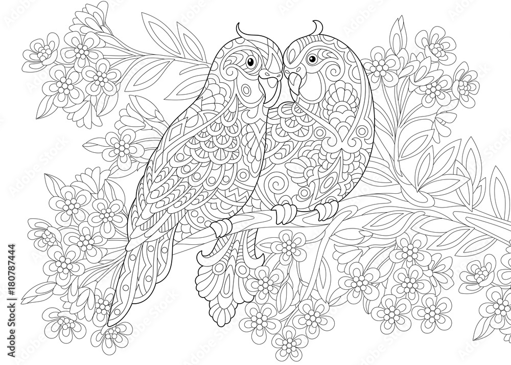 Coloring page of two parrots in love and floral background with flowers freehand sketch drawing for valentines day vintage greeting card or adult antistress coloring book vector