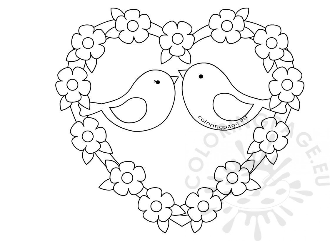 Two birds sketch with love heart coloring page
