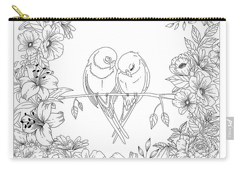 Lovebirds coloring page black and white wall art zip pouch by lisa brando