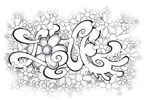 Flower graffiti with love coloring page