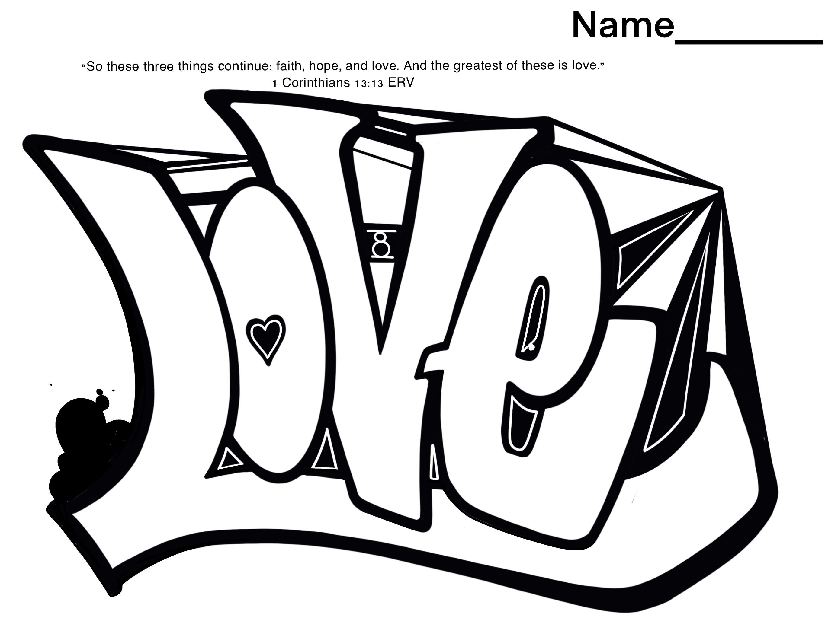 Love graffiti coloring book page by shane hoodbrush digital download visual reminder encouragement motivational tool jpeg psd png file