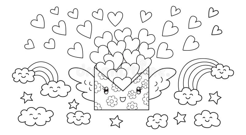 Hand drawn cute mail letter carrying lots of loves flying design for design element and coloring book page for kids and adultvec stock vector