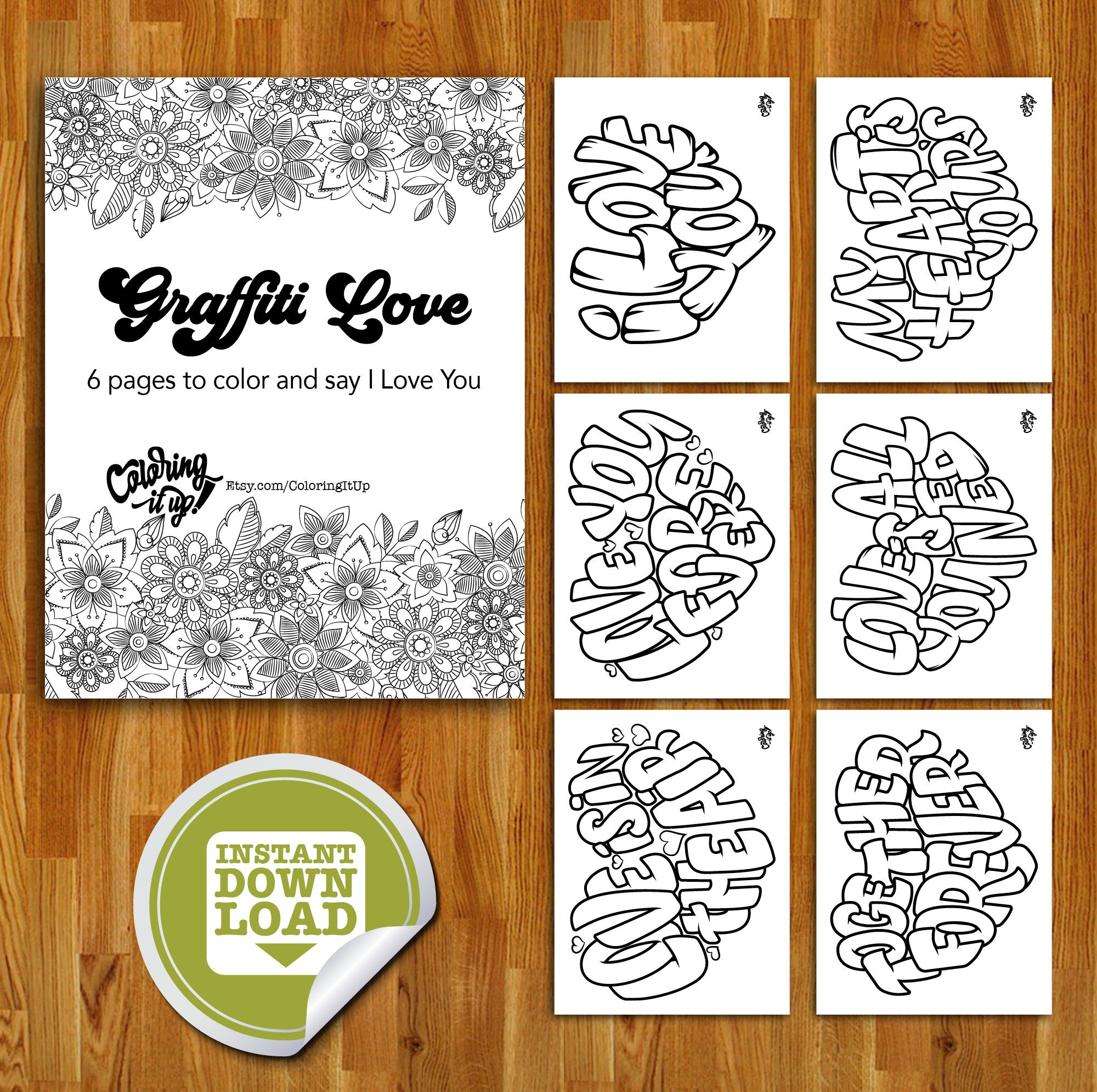 Graffiti love pages to color and say i love you printable coloring pages adult coloring pages instant download pdf instant download