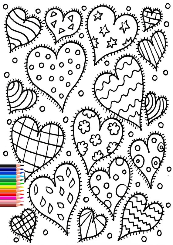 Happy hearts coloring page for adults kids love coloring page instant download
