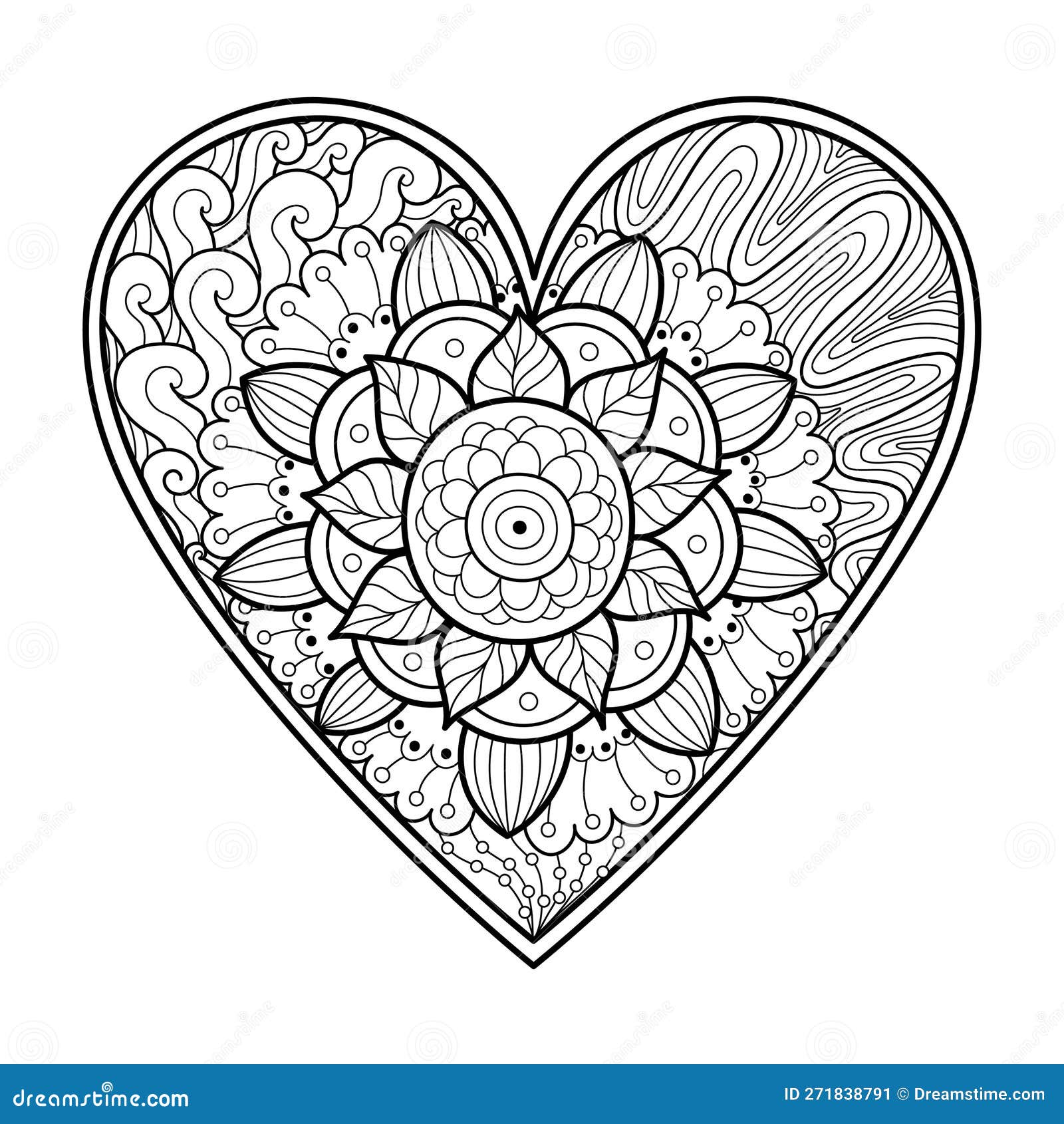 Cute zentangle floral heart coloring page black and white love pattern for antistress coloring book stock vector
