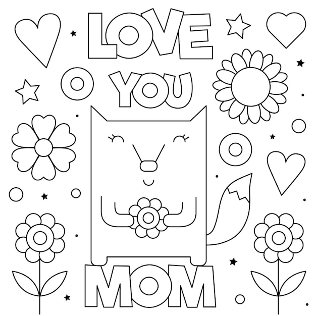 Premium vector love you mom coloring page black and white
