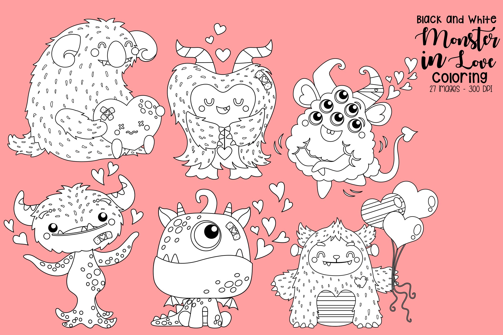 Black and white coloring monster in love