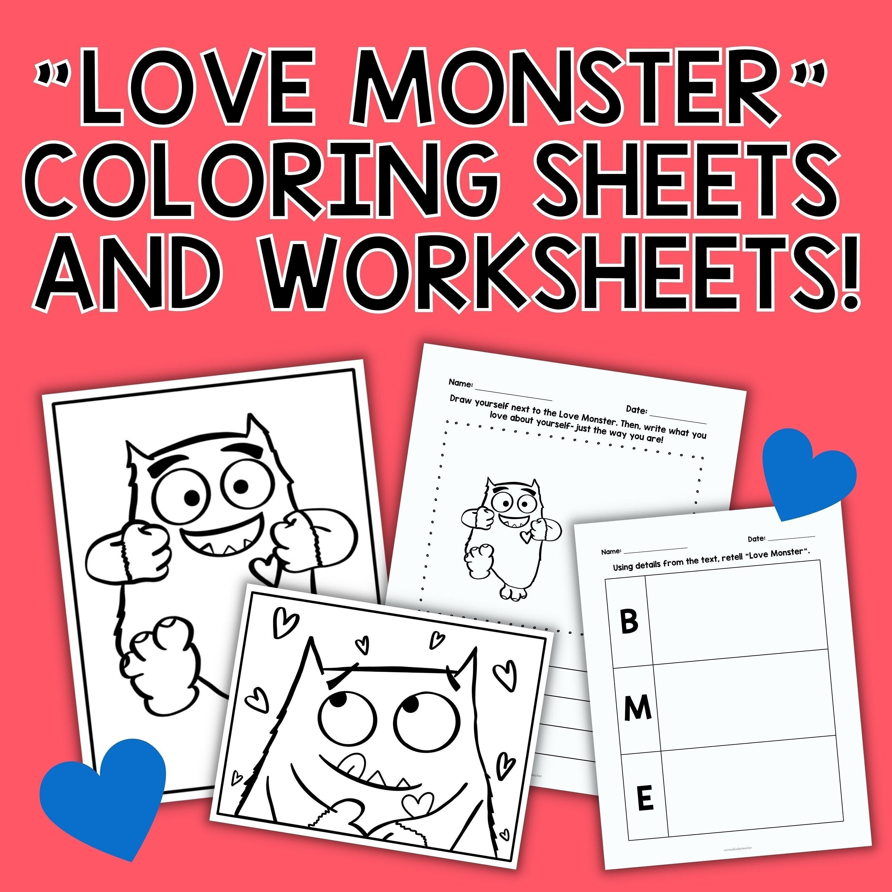Love monster coloring sheets and writing worksheets book character coloring pages for kids and teens