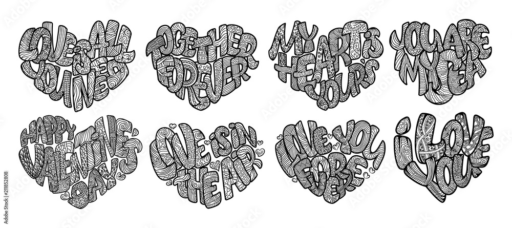 Set of coloring pages for adult doodle drawing design for wedding invitations and valentines day lettering in heart quote about love in bubble zen art and zen tangle style vector