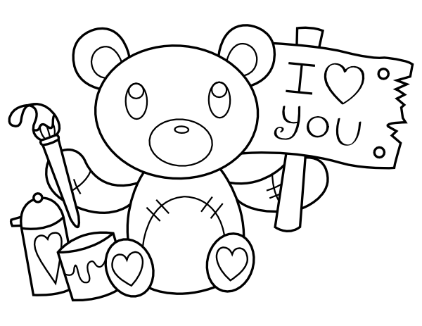 Printable teddy bear i love you sign coloring page