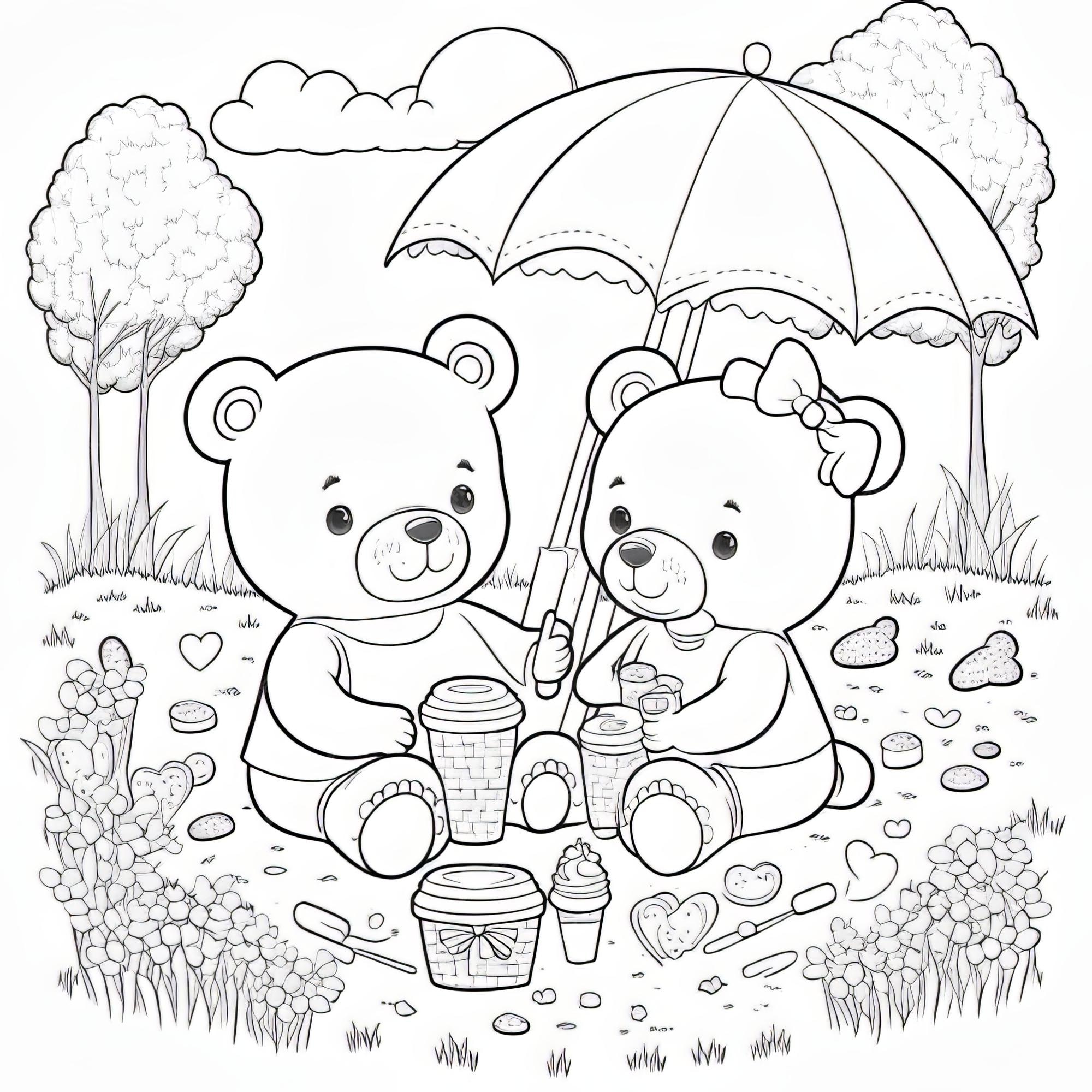 Premium photo coloring page two cartoon teddy bears in love