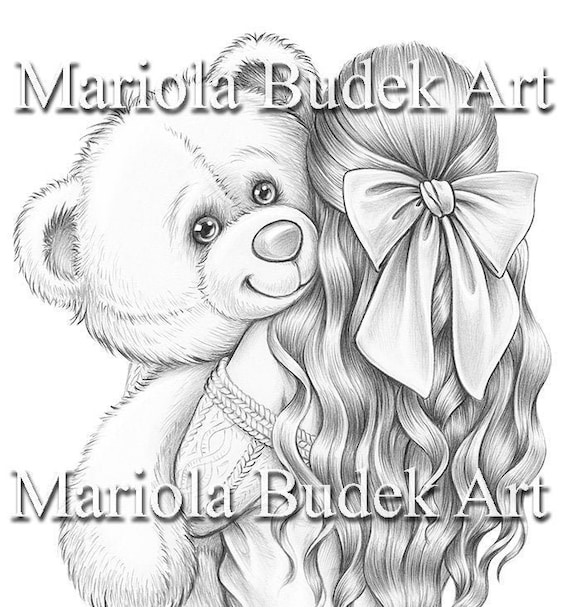 Big love mariola budek coloring page printable adult kids cute animal teddy bear colouring pages instant download grayscale pdf jpg