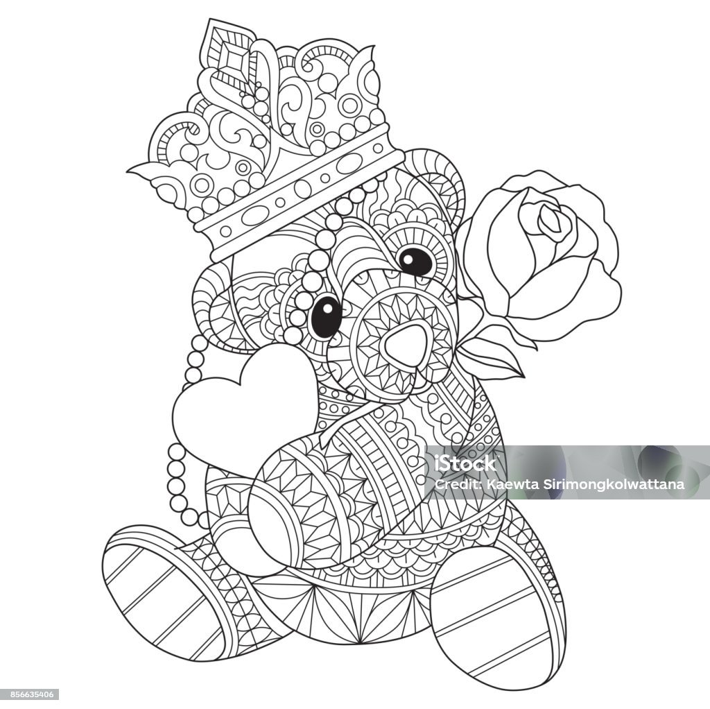 Hand drawn teddy bear in love for adult coloring page stock illustration