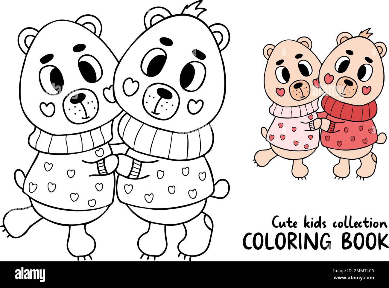 Cute pair in love teddy bear in winter clothes vector illustration outline and color drawing for kids collection animals coloring page design deco stock vector image art