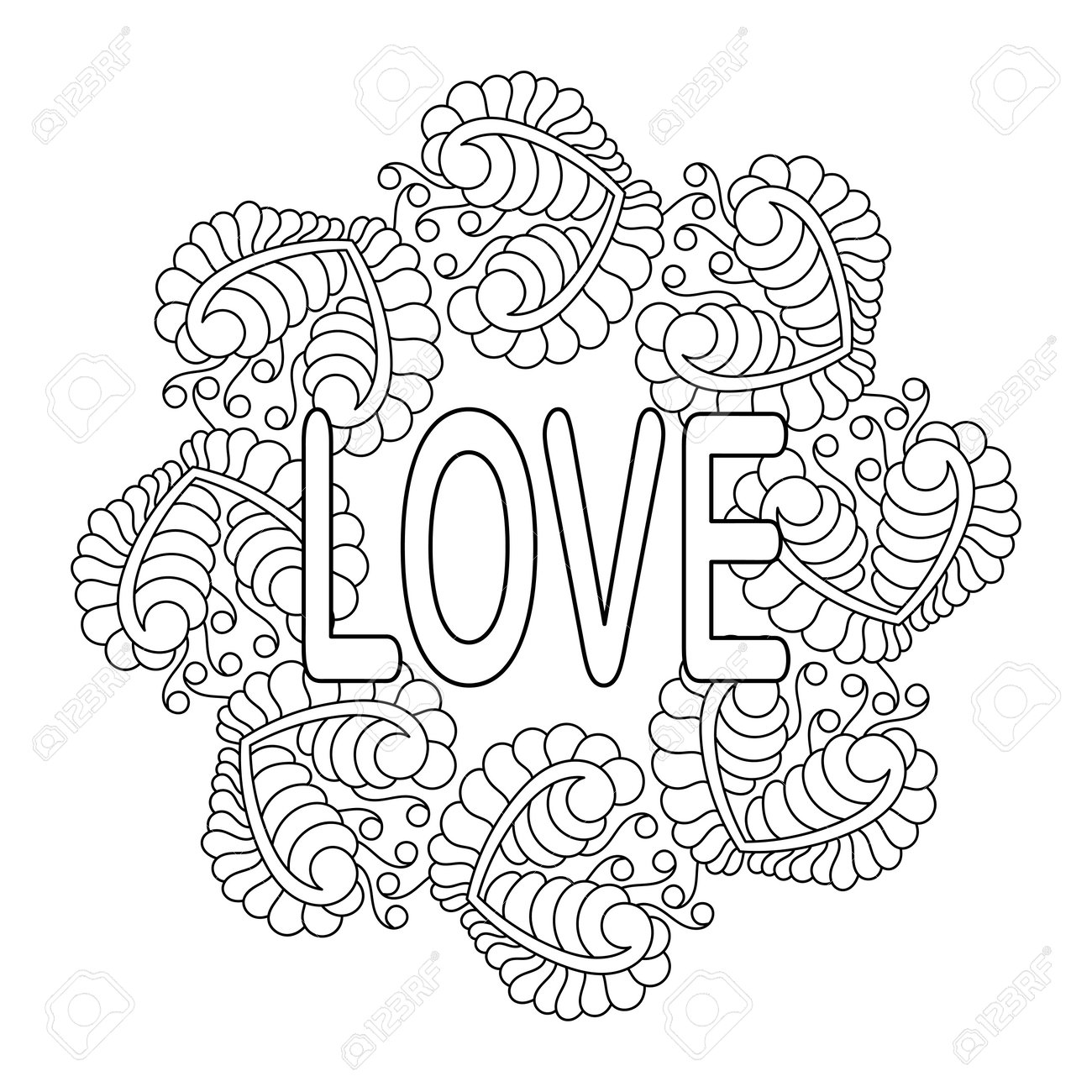 Word love and mandala for coloring book coloring page for adult and older children hand drawn valentines day card vector royalty free svg cliparts vectors and stock illustration image