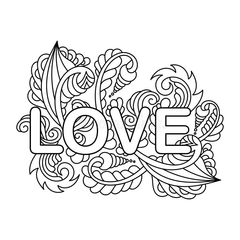 Word love and mandala for coloring book coloring page for adult and older children stock illustration