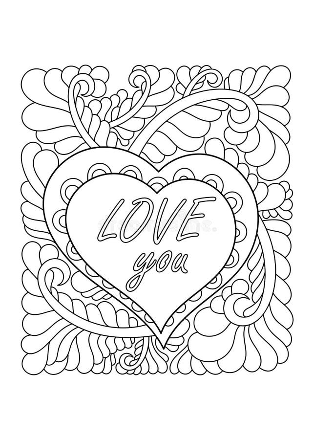 Coloring page heart st valentines day word love coloring book for children and adult decorative love frame with heart stock illustration