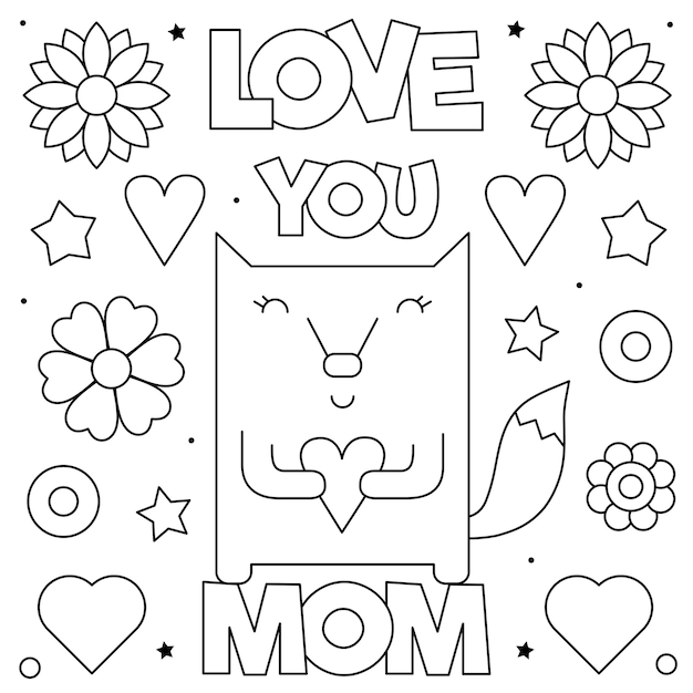 Premium vector love you mom coloring page black and white