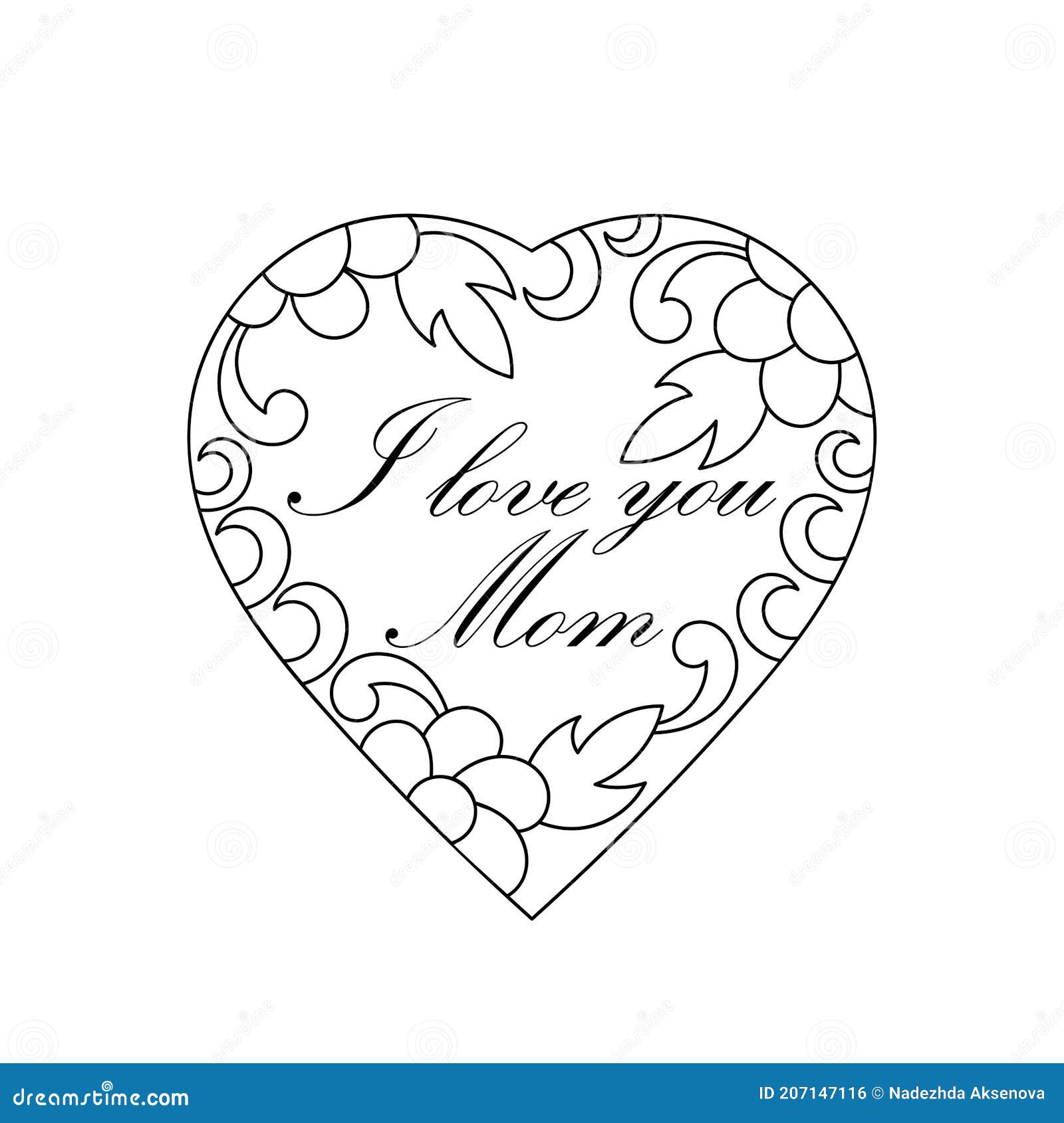 Coloring page heart i love you mom word love coloring book decorative hand drawn love frame with heart stock illustration