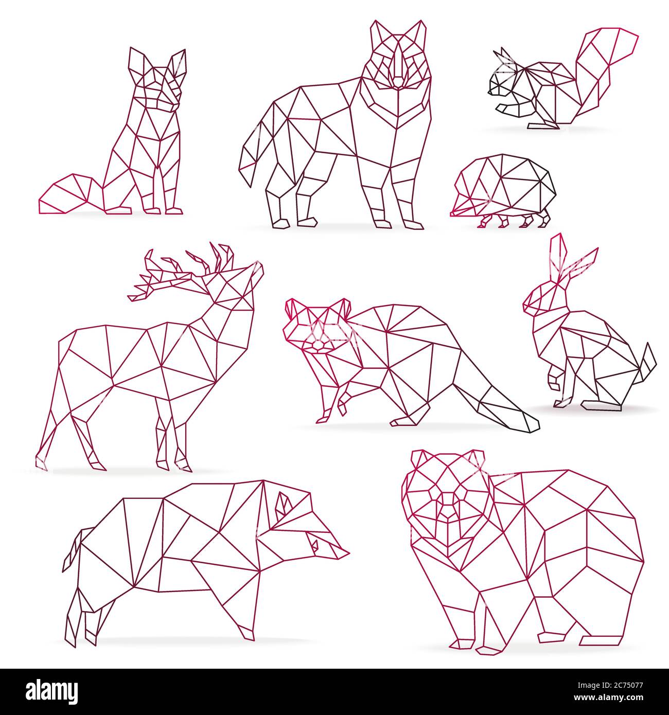 Low poly color gradient line animals set origami poligonal line animals wolf bear deer wild boar fox raccoon rabbit and hedgehog isolated stock vector image art