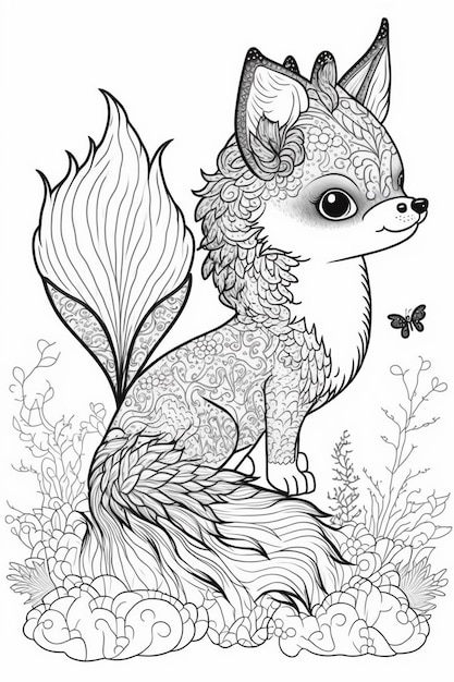 Premium ai image a coloring page of a fox with a butterfly on its tail generative ai