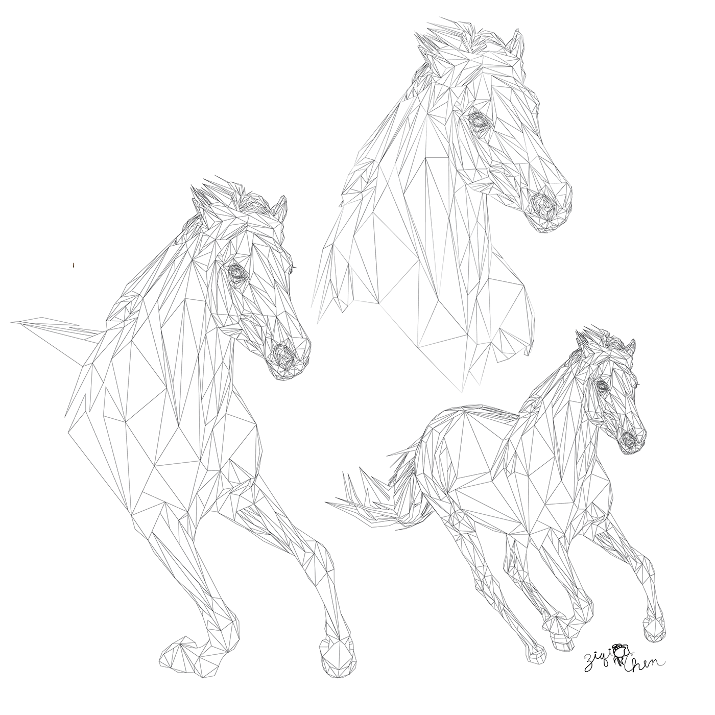Low poly vector illustrations of horses