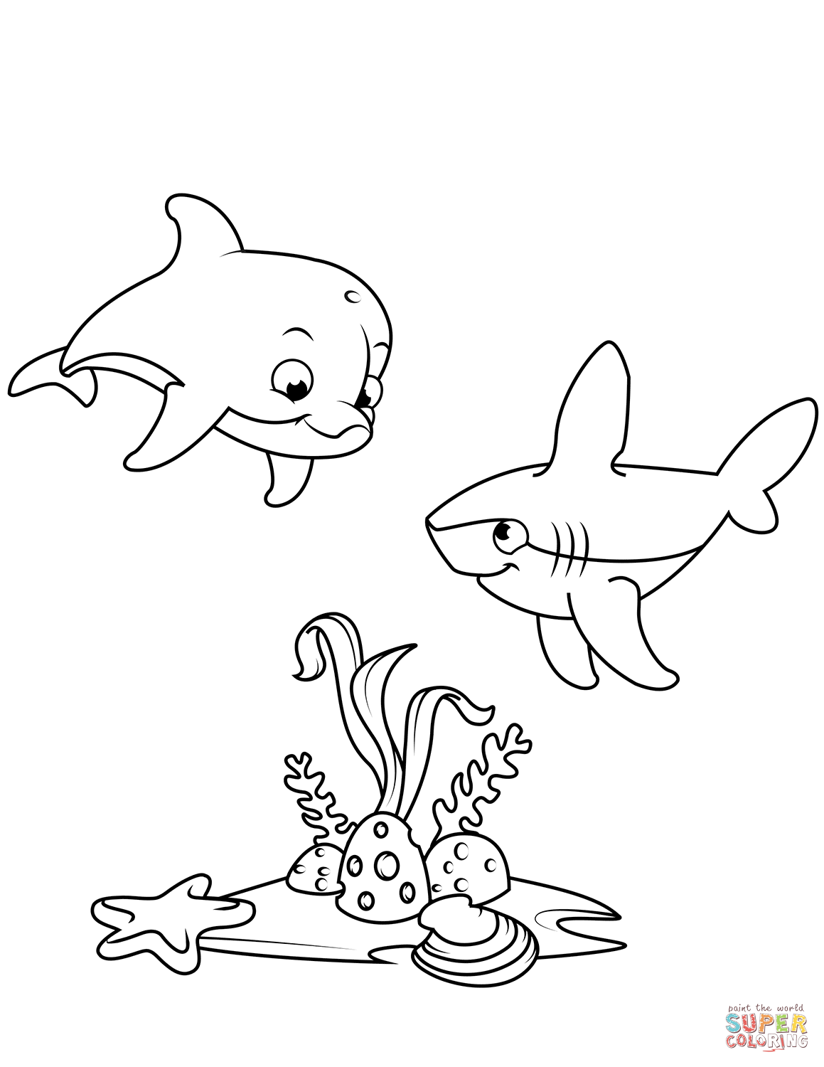 Cute dolphin and shark coloring page free printable coloring pages