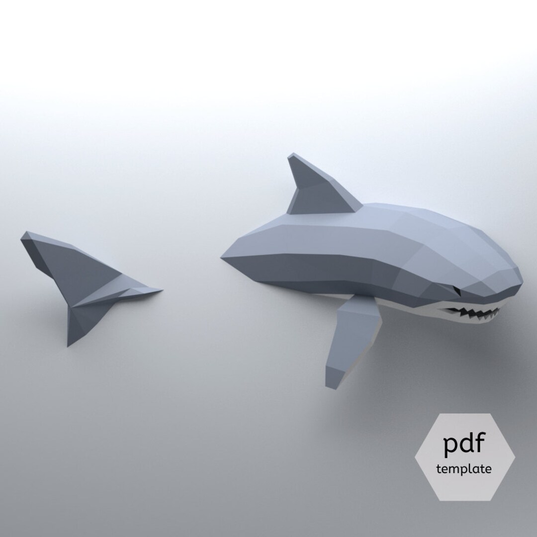Diy low poly shark model create your own d papercraft origami great white shark for beach restaurant shark week coastal nautical decor