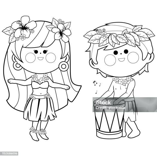 Hawaiian children playing music and hula dancing vector black and white coloring page stock illustration