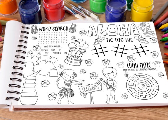 Printable luau party activity sheet kids printable activity sheet place mat activity page kids entertainment page coloring sheet