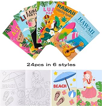 Angolio pcs summer hawaii luau coloring books for kids diy art book with flamingo hula surf party creativity color booklet for birthday gift summer carnival party favor goodie bag filler supplies