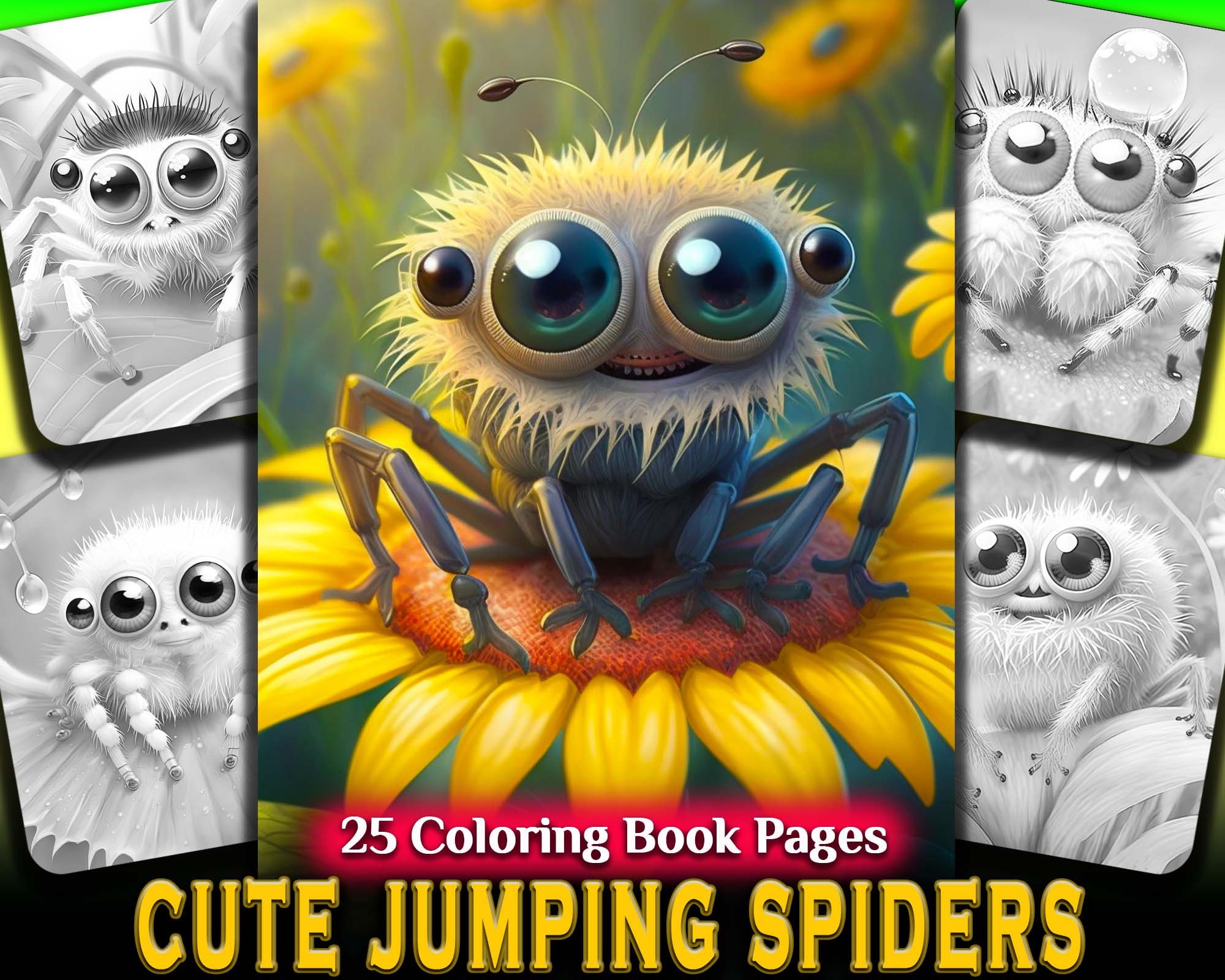 Cute jumping spider coloring book adult kid downloadable grayscale coloring pages printable pdf instant download dainty bug insect art print instant download