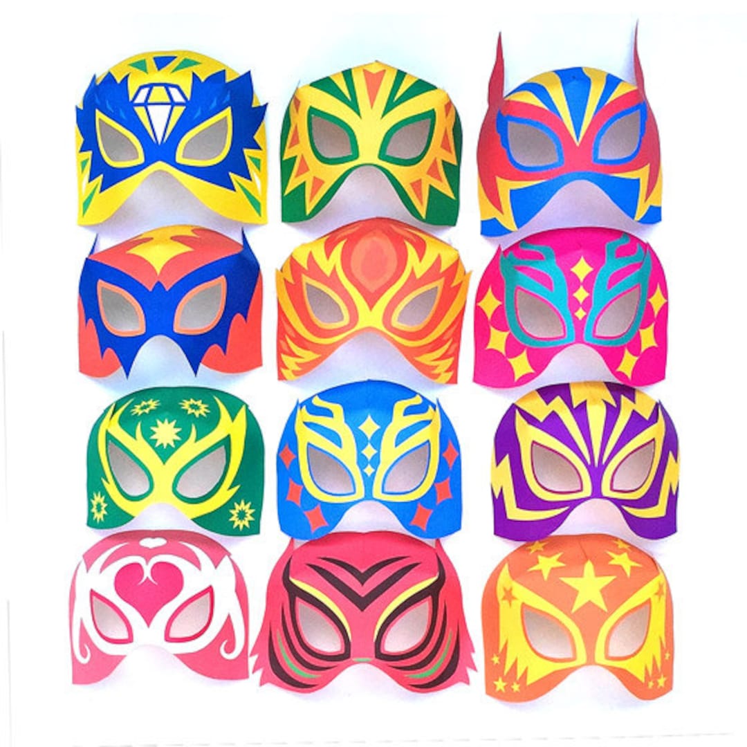 Printable lucha libre masks full color black and white masks and cuffs to color in diy templates to print make by happythought