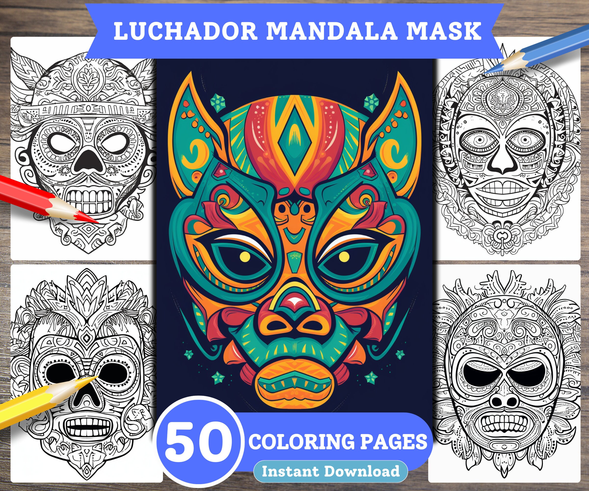 Luchador mandala mask grayscale coloring book pages for adults for kids digital file instant download pdf coloring printable coloring