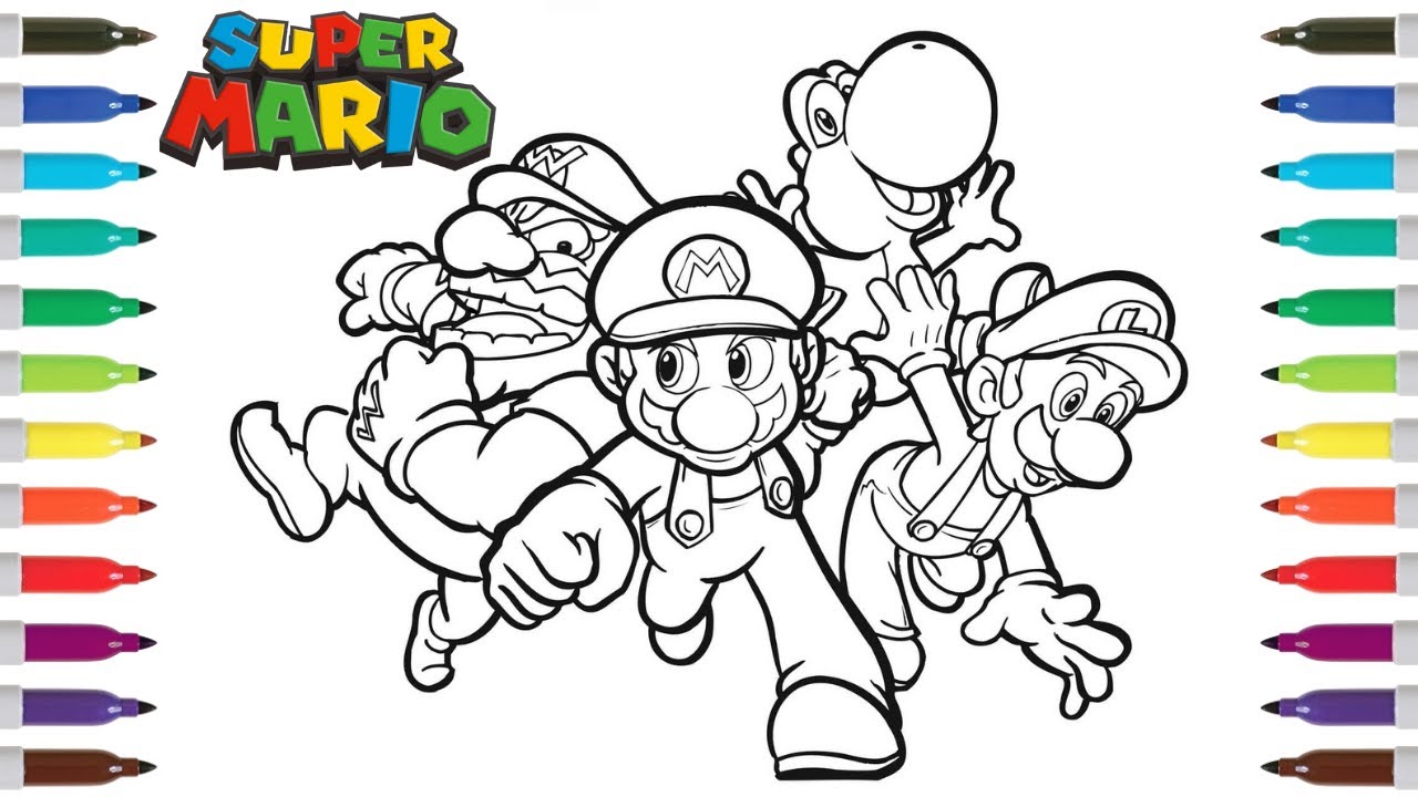 Super ario coloring book page ario luigi yoshi wario